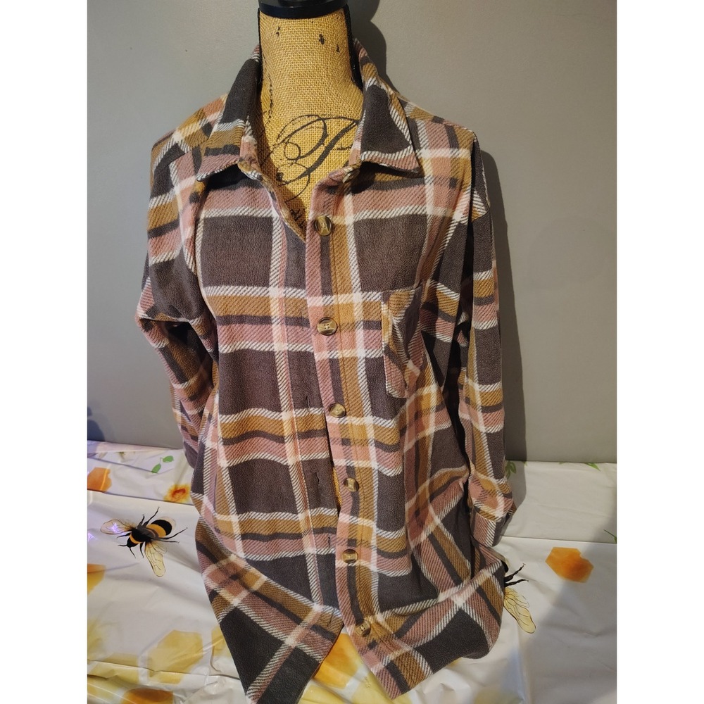 Maurices Womens XL Plaid Fleece Shacket Brown Pink Button Up Long Sleeve Shirt